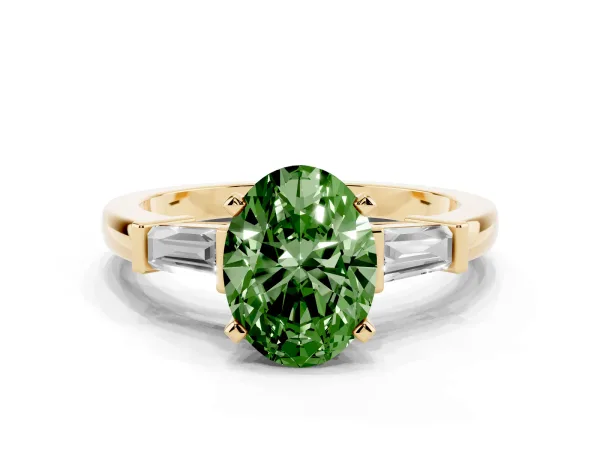 Fancy Green Oval Cut Cut Diamond Solitaire Ring with Tapered Baguette Accents and Four-Prong Setting Yellow gold