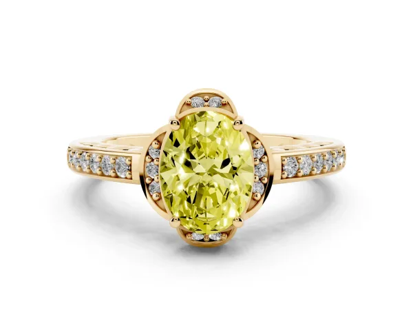 Fancy Yellow Oval Cut Cut Halo Diamond Ring with Channel Set Band and Four-Prong Setting Yellow gold