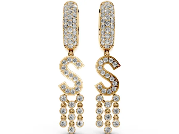 Round Diamond Initial S Huggie Hoop Earrings Yellow gold