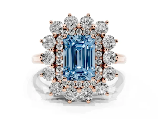 Fancy Blue Emerald Cut Diamond Floral Double Halo Engagement Ring with Prong Setting Rose gold