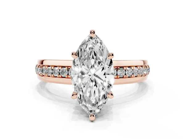 Marquise Cut Solitaire Diamond Ring with Channel Set Band and Six-Prong Setting Rose gold