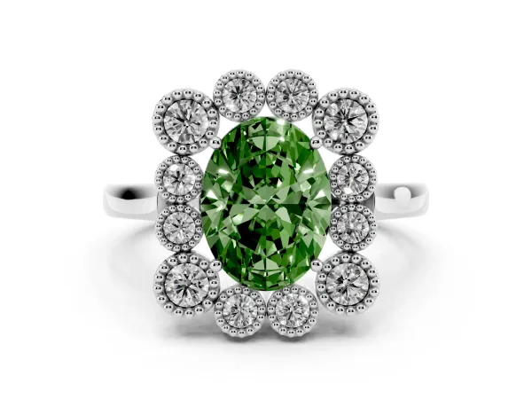 Fancy Green Oval Cut Halo Diamond Cluster Engagement Ring with Milgrain Bezel Setting and Solitaire Band White gold