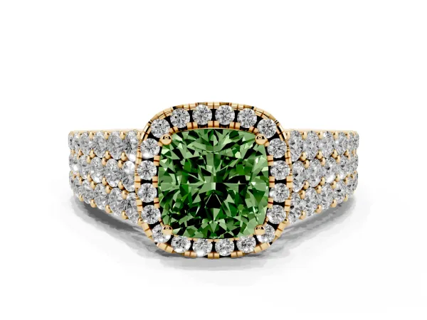 Fancy Green Cushion Cut Diamond Halo Engagement Ring with Triple Row Round Pavé Band and Prong Setting Yellow gold