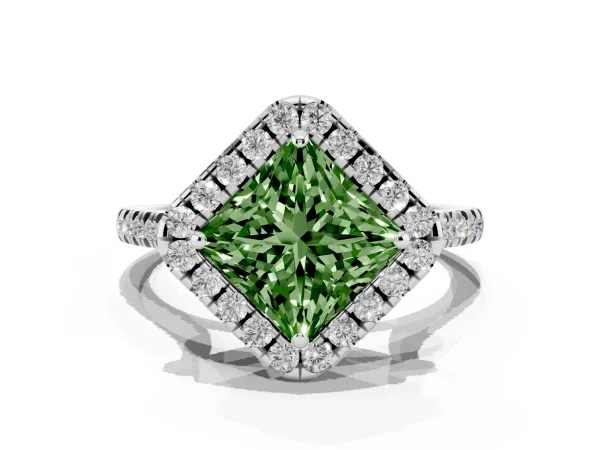 Fancy Green Princess Cut Diamond Cushion Halo Ring with Pavé Band Platinum