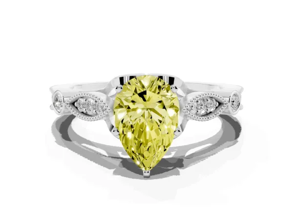 Fancy Yellow Pear Cut Cut Diamond with Milgrain Marquise and Bezel Accents on a Solitaire Band with Prong Setting Platinum