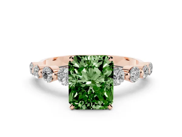 Fancy Green Radiant Cut Solitaire Diamond Ring with Pave Band and Four-Prong Setting Rose gold