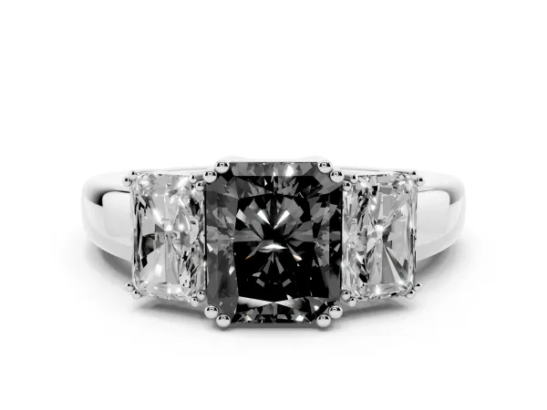 Fancy Black Three-Stone Radiant Cut Cut Diamond Ring with Channel Set Band and Four-Prong Setting Platinum