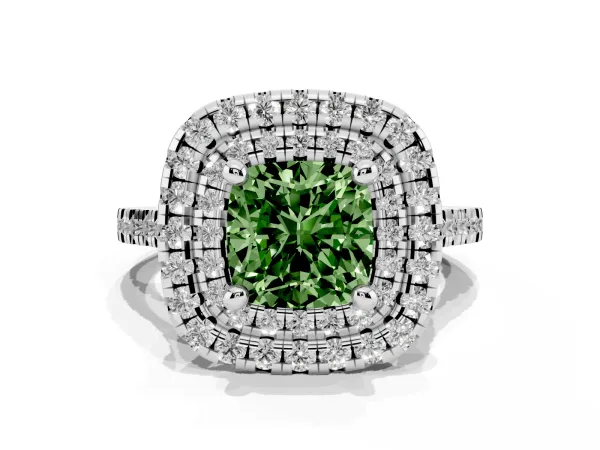 Fancy Green Double Halo Cushion Cut Diamond Pavé Band with Four-Prong Setting White gold