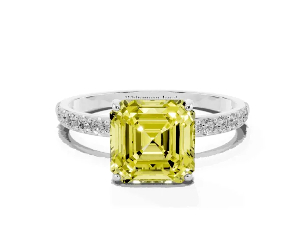 Fancy Yellow Asscher Cut Diamond Solitaire Ring with Round Pavé Shoulders and Prong Setting White gold