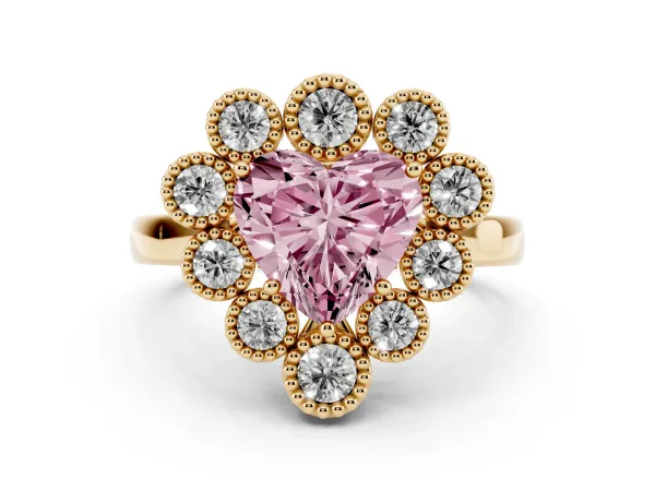 Fancy Pink Heart Cut Halo Diamond Cluster Engagement Ring with Milgrain Bezel Setting and Solitaire Band Yellow gold