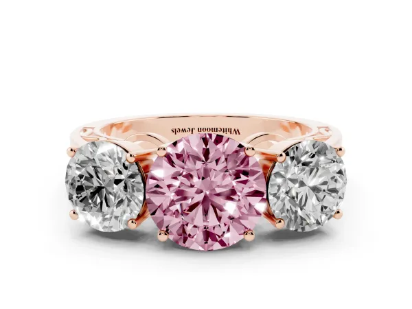Fancy Pink Round Cut Diamond Three-Stone Ring with Prong Setting and Textured Band Rose gold