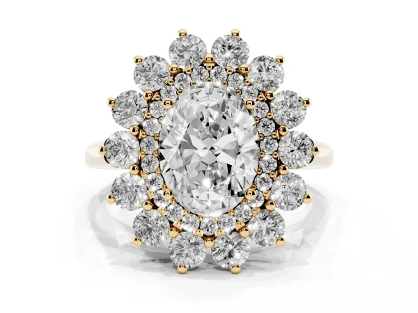 Oval Cut Diamond Floral Double Halo Engagement Ring with Prong Setting Yellow gold