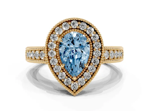 Fancy Blue Pear Cut Cut Halo Diamond Ring with Pavé Band and Four-Prong Setting Yellow gold