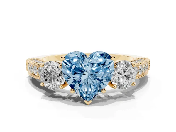 Fancy Blue Heart Cut Three-Stone Diamond Ring with Pavé Band and Four-Prong Setting Yellow gold