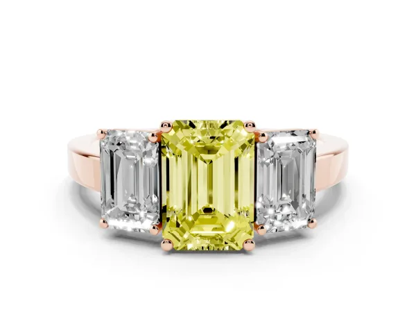 Fancy Yellow Three-Stone Emerald Cut Cut Diamond Engagement Ring with Flat Band and Four-Prong Setting Rose gold