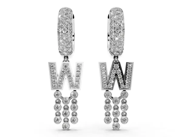 Round Diamond Initial W Huggie Hoop Earrings Platinum