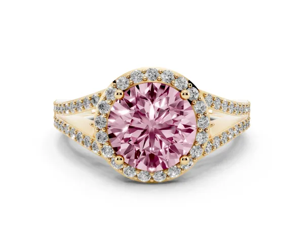 Fancy Pink Round Cut Halo Split Shank Diamond Ring with Prong Setting Yellow gold