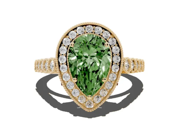 Fancy Green Pear Cut Halo Twist Band Solitaire Ring with Six-Prong Setting Yellow gold