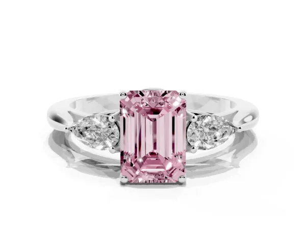 Fancy Pink Emerald Cut Diamond Three-Stone Ring with Pear Side Stones and Prong Setting Platinum