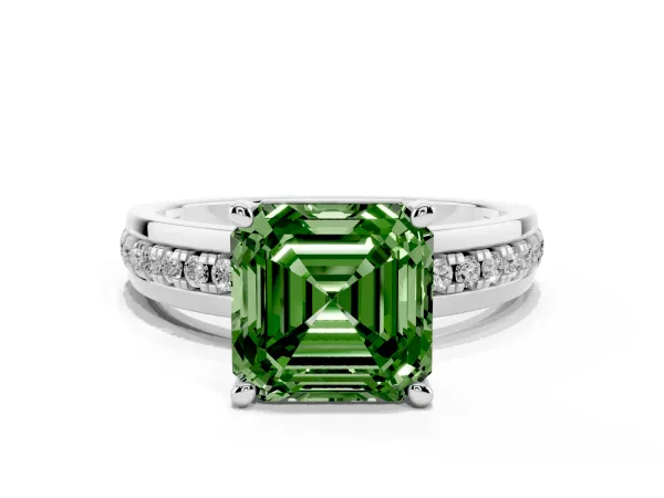 Fancy Green Asscher Cut Solitaire Diamond Ring with Channel Set Band and Six-Prong Setting Platinum