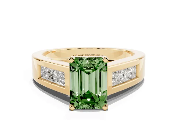 Fancy Green Emerald Cut Cut Channel Set Solitaire Ring with Four-Prong Setting Yellow gold