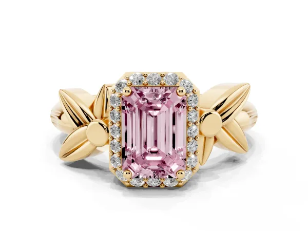 Fancy Pink Emerald Cut Halo Diamond Floral Band with Four-Prong Setting Yellow gold