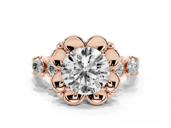 Round Cut Cut Diamond Floral Halo Engagement Ring with Shared Prong Setting Rose gold