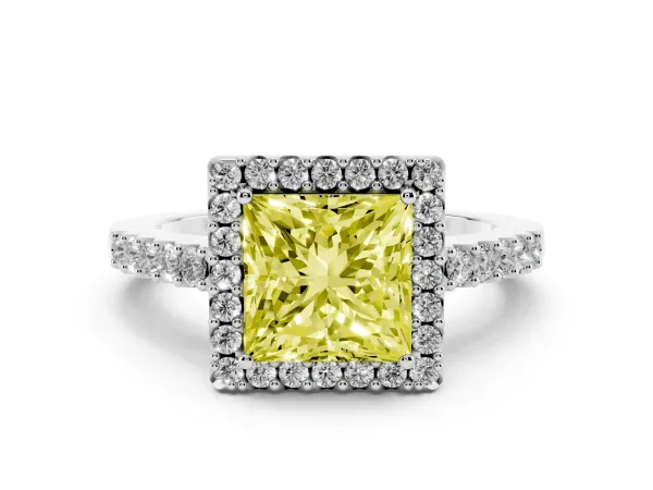 Fancy Yellow Princess Cut Halo Diamond Pavé Solitaire Ring Platinum