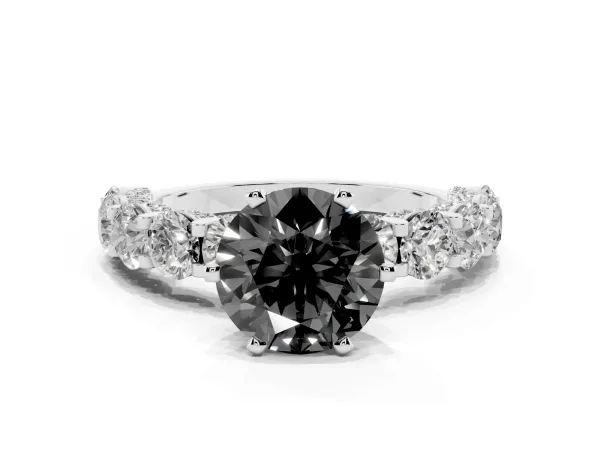 Fancy Black Round Cut Diamond Side Stone Engagement Ring with Four-Prong Setting Platinum