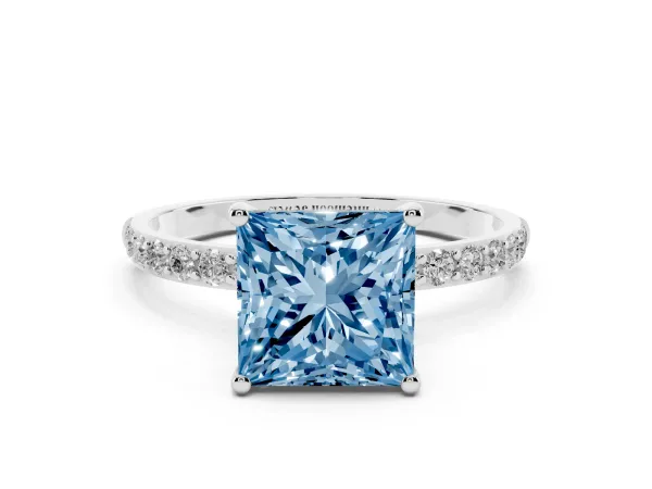 Fancy Blue Princess Cut Diamond Solitaire Ring with Round Pavé Shoulders and Prong Setting Platinum