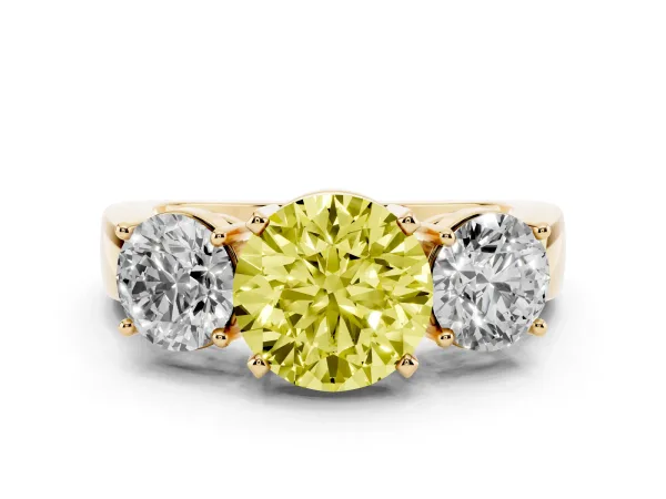 Fancy Yellow Three-Stone Round Cut Diamond Ring with Round Side Stones, Classic Band, and Four-Prong Setting Yellow gold