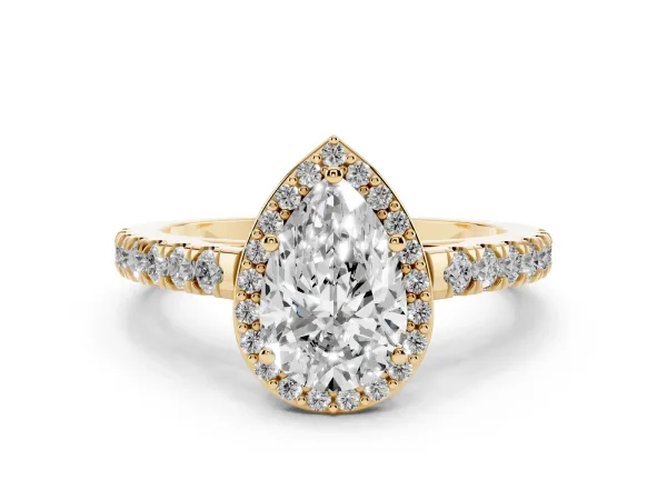 Pear Cut Cut Halo Diamond Engagement Ring with Pave Band and Four-Prong Setting Yellow gold