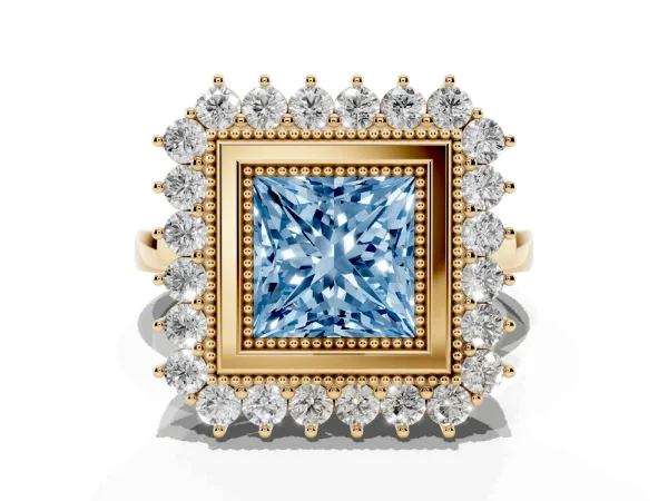 Fancy Blue Princess Cut Halo Diamond Ring with Milgrain Edge and Round Prong Setting Yellow gold