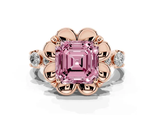 Fancy Pink Asscher Cut Cut Diamond Floral Halo Engagement Ring with Shared Prong Setting Rose gold
