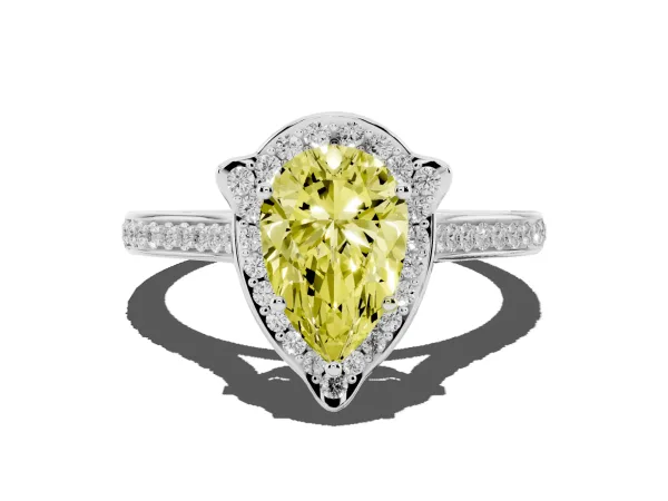 Fancy Yellow Pear Cut Halo Round Diamond Pave Band with Four-Prong Setting White gold