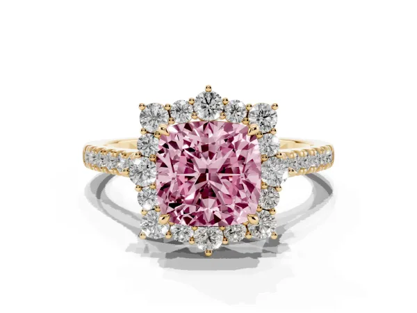 Fancy Pink Cushion Cut Halo Diamond Ring with Pavé Band and Prong Setting Yellow gold