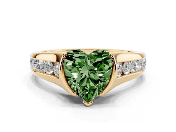 Fancy Green Heart Cut Solitaire Bezel-Set Diamond Ring with Channel-Set Band Yellow gold