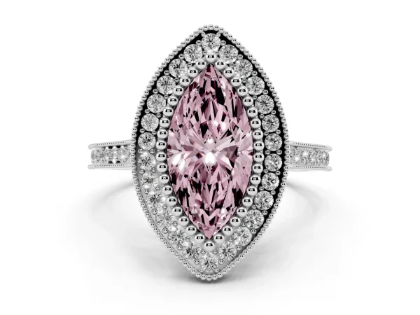 Fancy Pink Marquise Cut Diamond Halo Ring with Milgrain Frame and Pavé Band White gold
