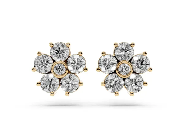 Round Diamond Flower Stud Earrings with Diamond Accent Yellow gold