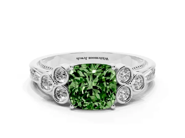Fancy Green Cushion Cut Cut Diamond Engagement Ring with Bezel Set Round Side Stones and Prong Setting White gold