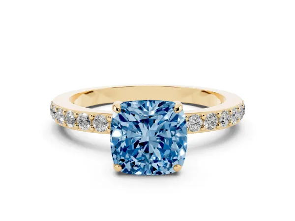 Fancy Blue Cushion Cut Diamond Solitaire Engagement Ring with Pavé Band and Four-Prong Setting Yellow gold