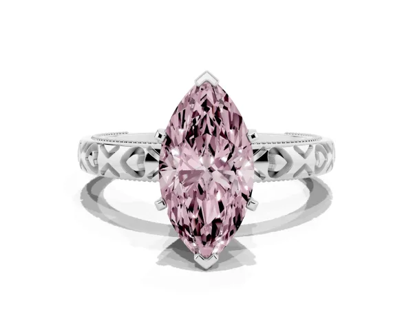 Fancy Pink Marquise Cut Solitaire Diamond Engagement Ring with XO Engraved Band and Four-Prong Setting Platinum