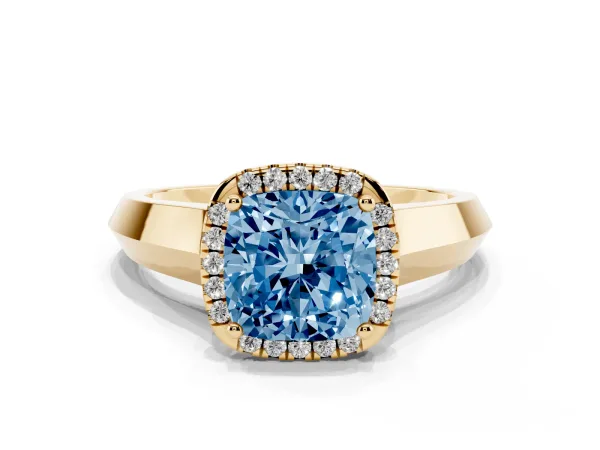 Fancy Blue Cushion Cut Halo Diamond Ring with Cathedral Band and Four-Prong Setting Yellow gold