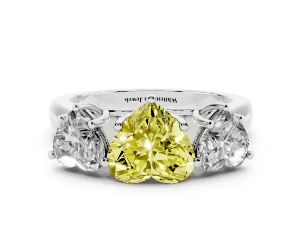 Fancy Yellow Heart Cut Three-Stone Diamond Ring with Prong Setting on a Classic Band White gold