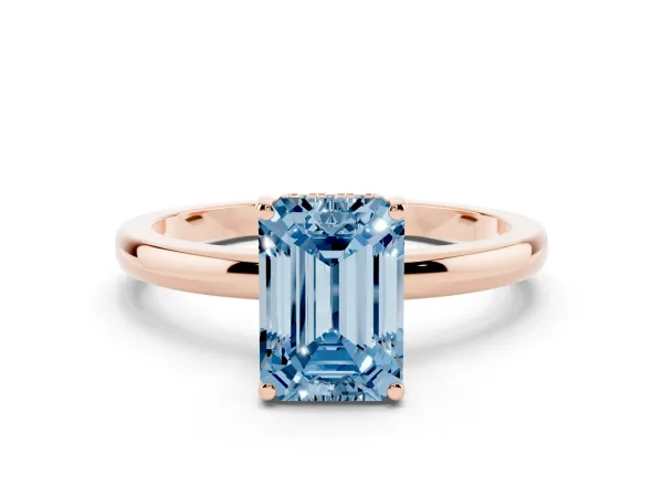 Fancy Blue Emerald Cut Solitaire Diamond Ring with Prong Setting and Plain Band Rose gold