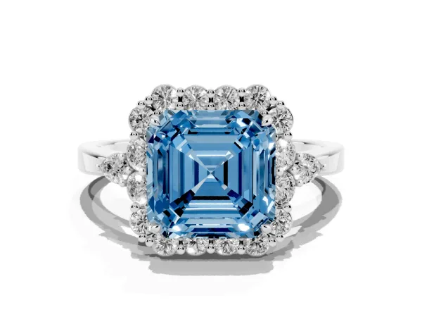 Fancy Blue Asscher Cut Diamond Halo Ring with Pear Side Stones and Prong Setting Platinum