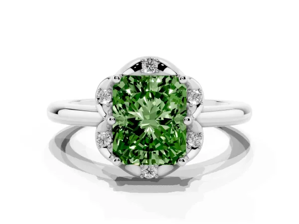 Fancy Green Radiant Cut Halo Diamond Ring with Round Cluster Setting, Solitaire Band, and Four-Prong Setting White gold