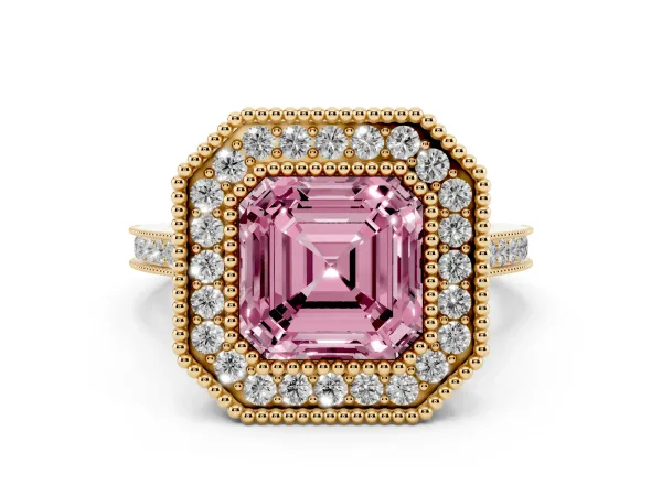 Fancy Pink Asscher Cut Diamond Halo Ring with Milgrain Frame and Pavé Band Yellow gold