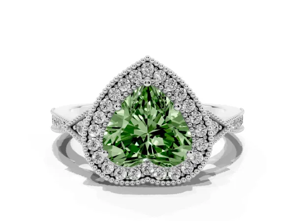 Fancy Green Heart Cut Halo Round Diamond Milgrain Pave Engagement Ring White gold