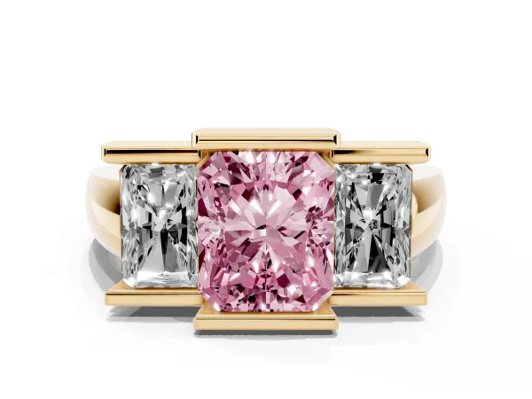 Fancy Pink Three Stone Radiant Cut Cut Channel Set Diamond Ring Yellow gold